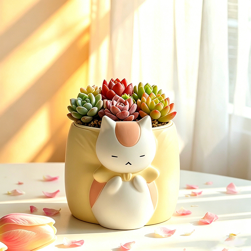 Snake Plant Ceramic - Uykulu Tombul Kedi Reçine Sukulent Saksısı